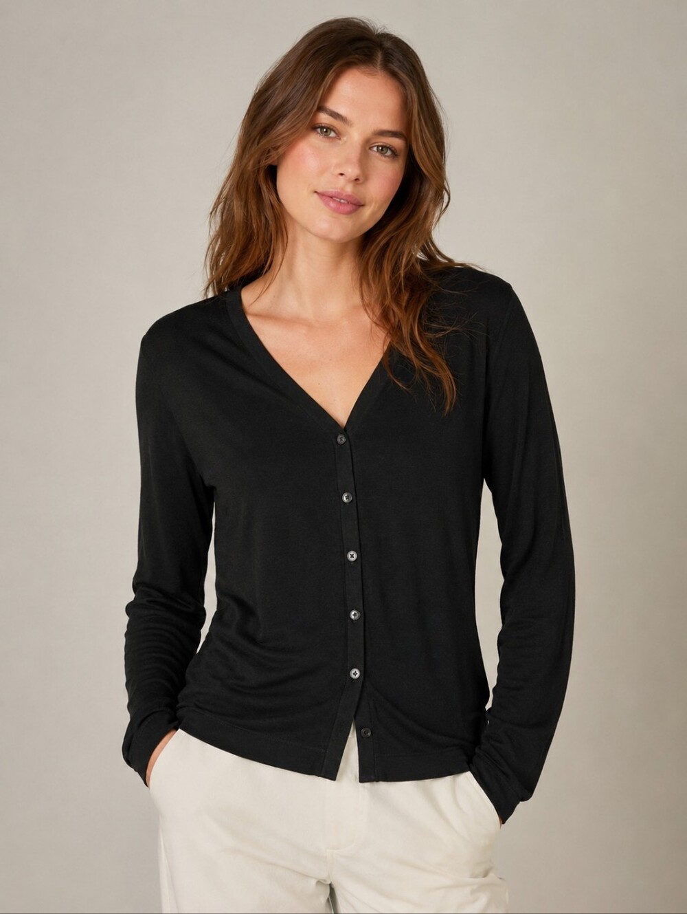 Chico's Travelers Black Slinky Knit Cardigan Size 2 V-Neck Button Front Stretch